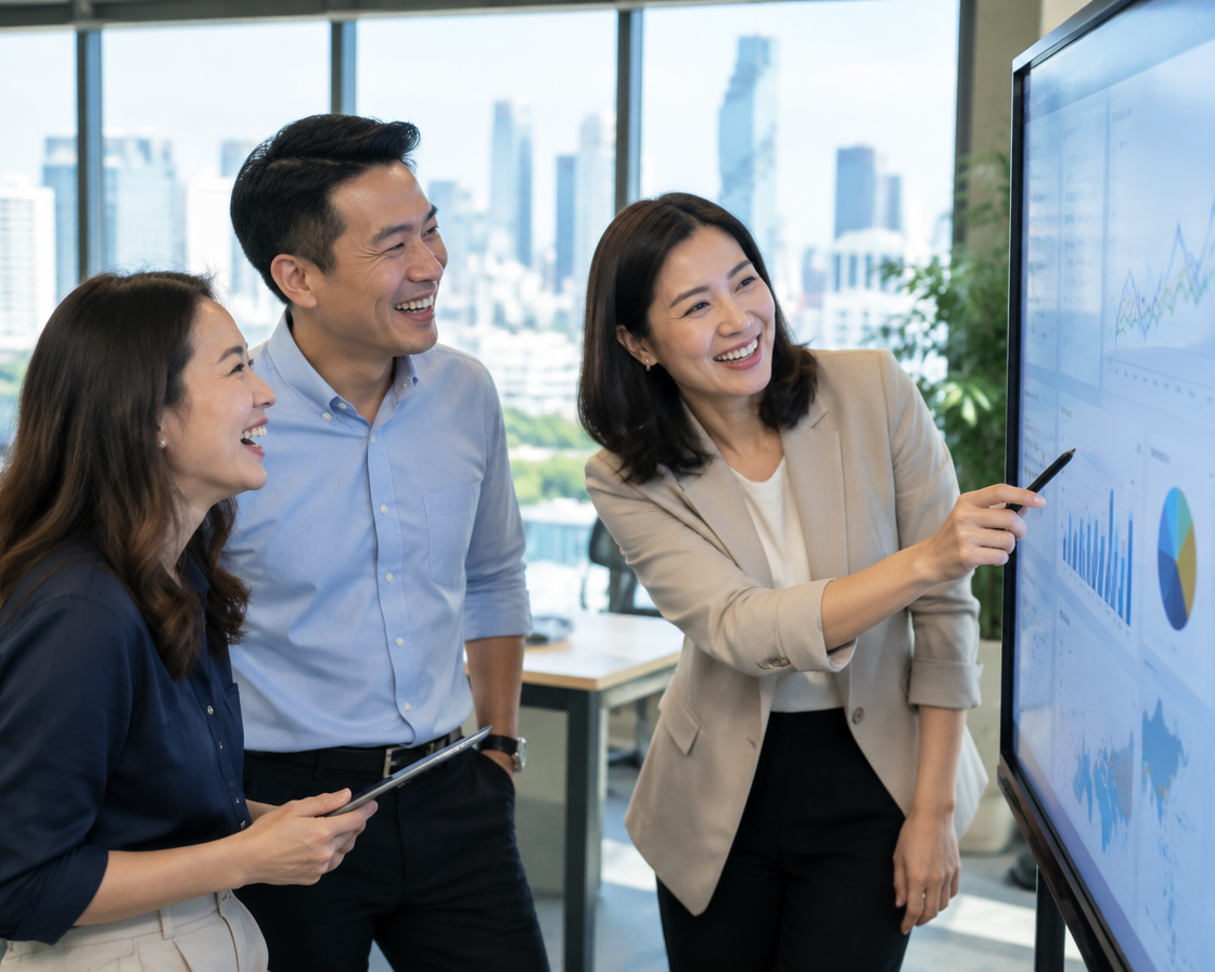 Thai professionals reviewing a dashboard in a Bangkok office