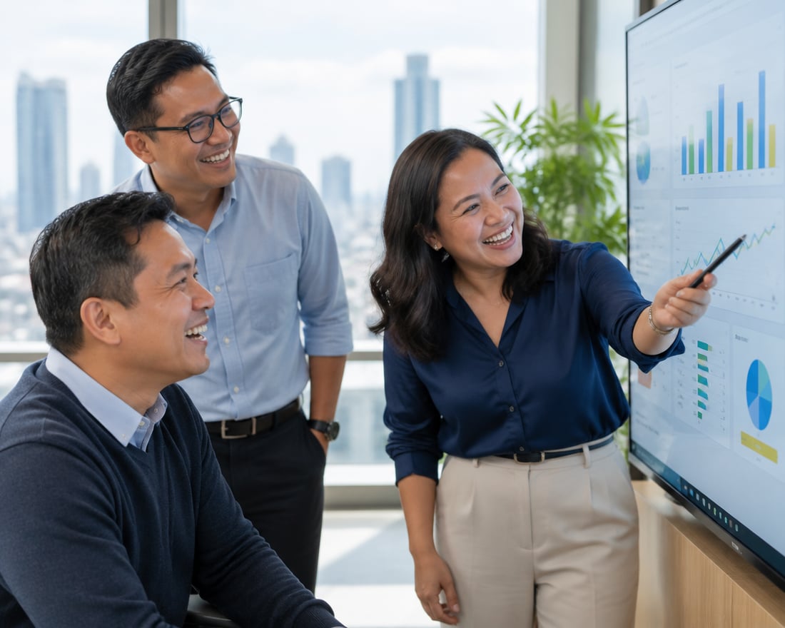 Filipino professionals reviewing a dashboard in a Manila office
