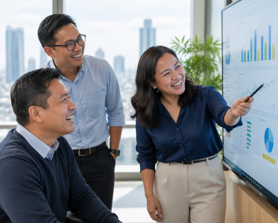 Filipino professionals reviewing a dashboard in a Manila office