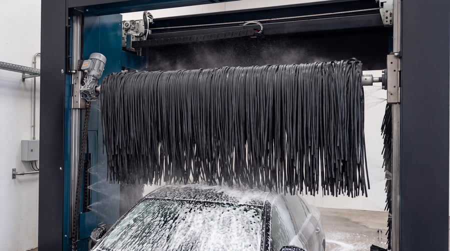 The long horizontal roof brush of a KKE X2 hanging level over the foam-covered bonnet of a car, carried at each end by a carriage riding on a stainless steel vertical guide, with the geared drive motor at the left-hand end of the shaft