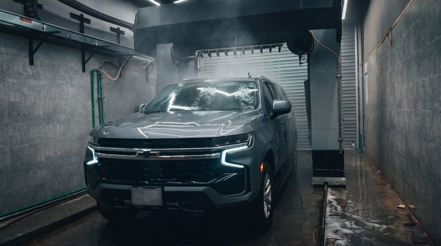 A clean, rinsed full-size SUV at the end of its wash under the black gantry