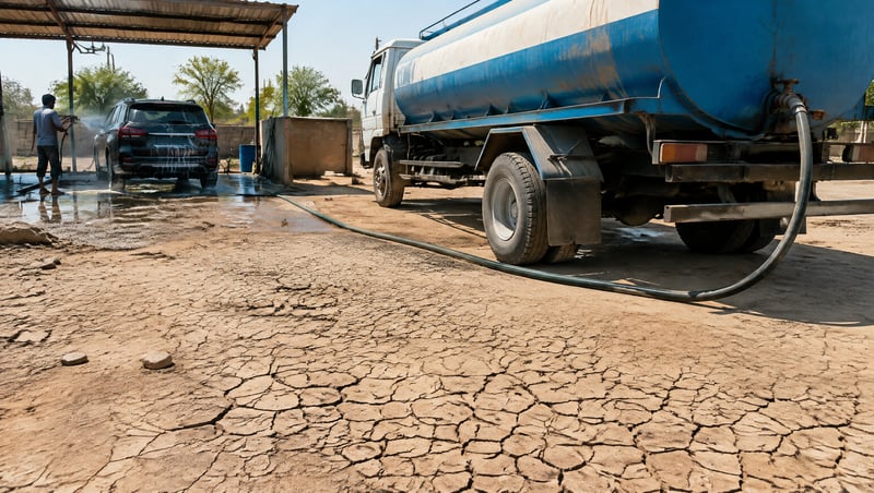 Dry cracked ground beside a water tanker at a car wash