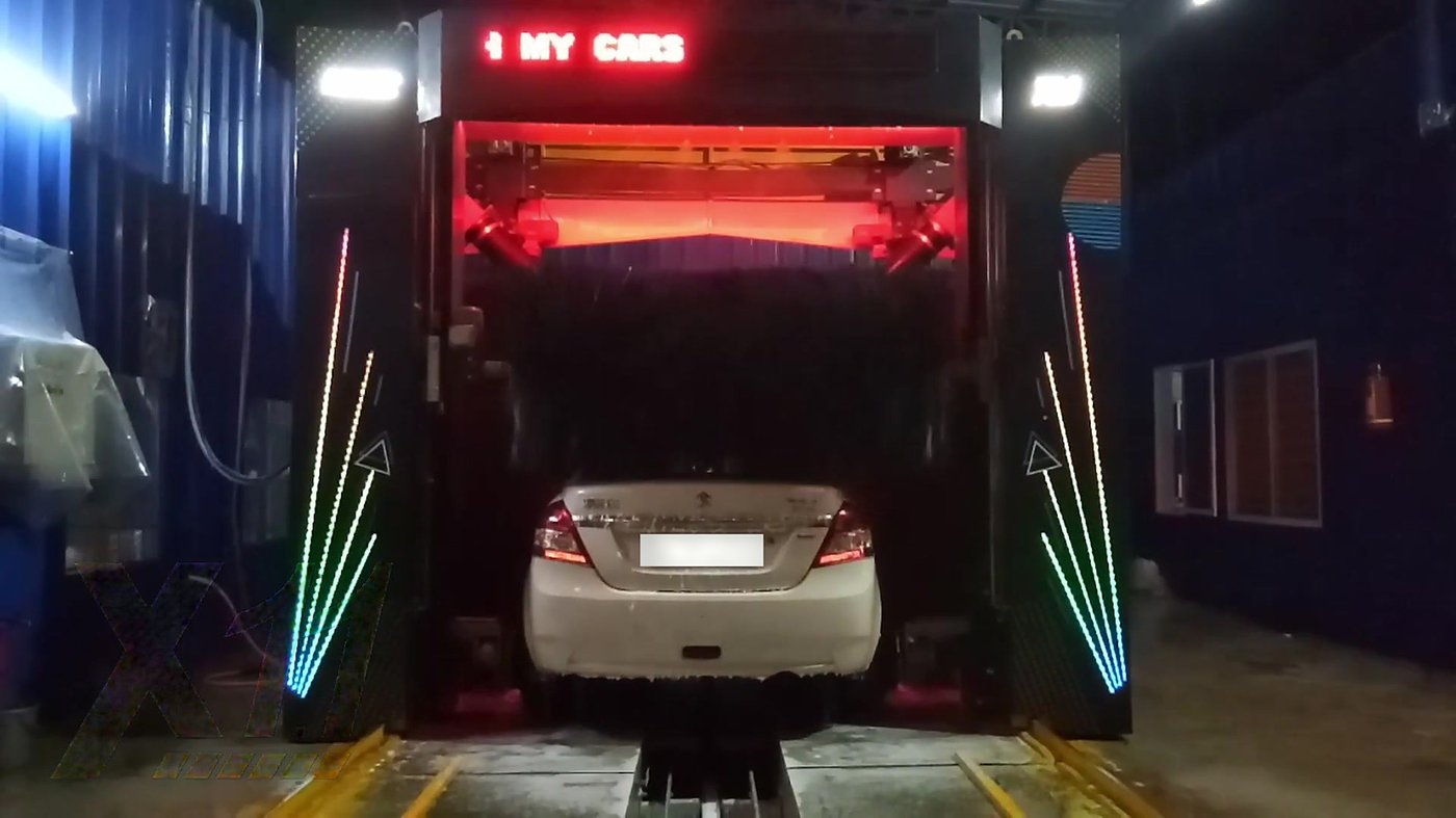 A KKE X1.1 at night with the beam display lit and the RGB column arrays running