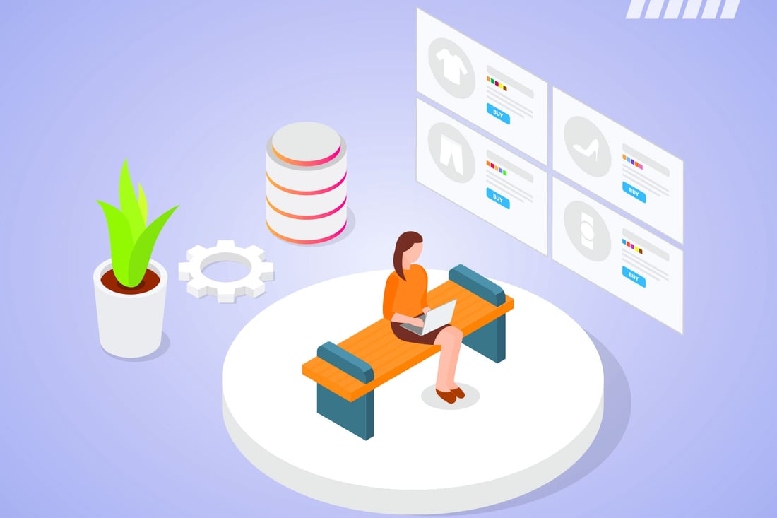 Illustration of an e-commerce product catalogue being managed