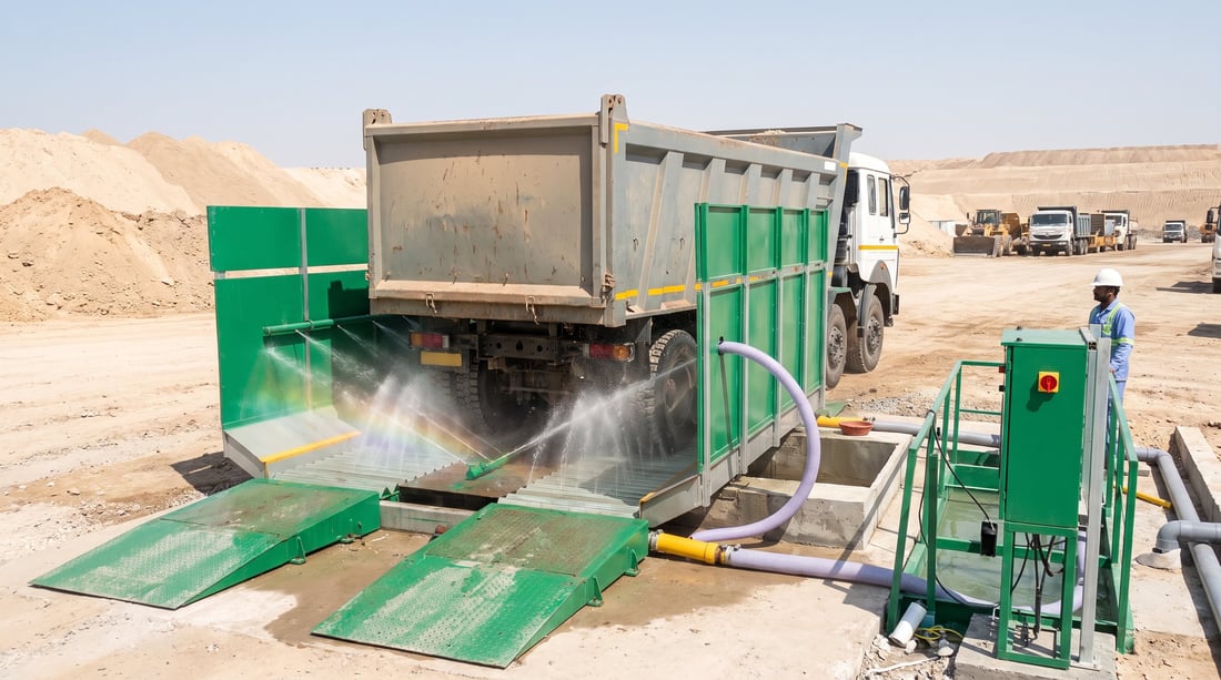 An eight-wheel tipper truck driving off a KKE TW610 portable wheel wash at a construction earthworks exit, water still running off the tyres between green KKE-branded splash guards