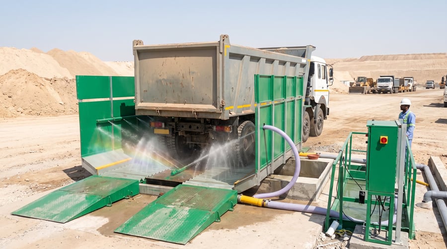 An eight-wheel tipper truck driving off a KKE TW610 portable wheel wash at a construction earthworks exit, water still running off the tyres between green KKE-branded splash guards