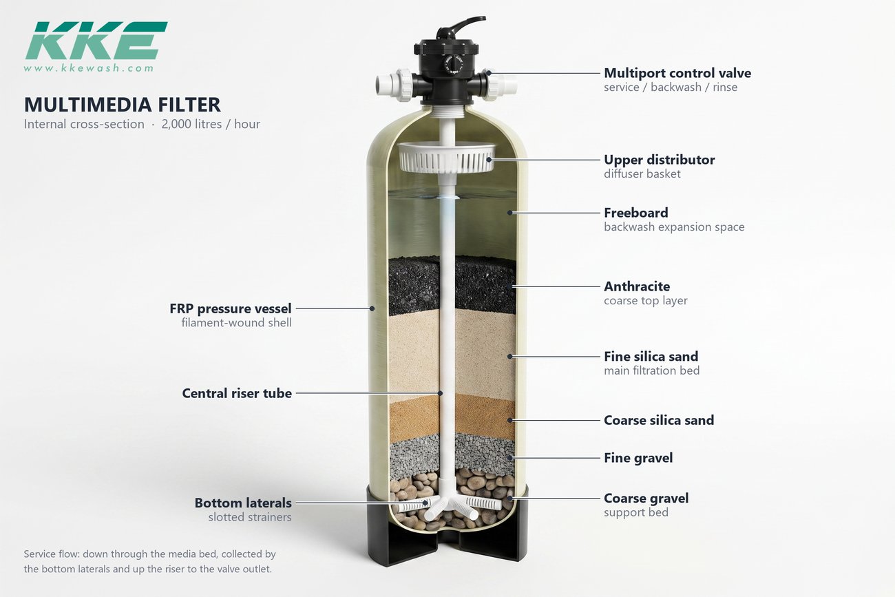 Labelled cutaway of the KKE W100 multimedia filter: multiport control valve, upper distributor, freeboard, and the graded bed of anthracite, fine silica sand, coarse silica sand, fine gravel and coarse gravel above the bottom laterals