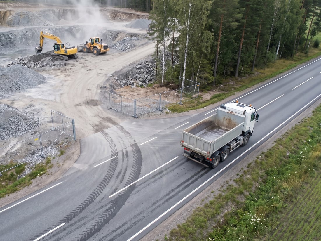 Aerial view of a tipper truck pulling out of a quarry onto a public road, with mud and dust tracked in arcs across the carriageway behind it