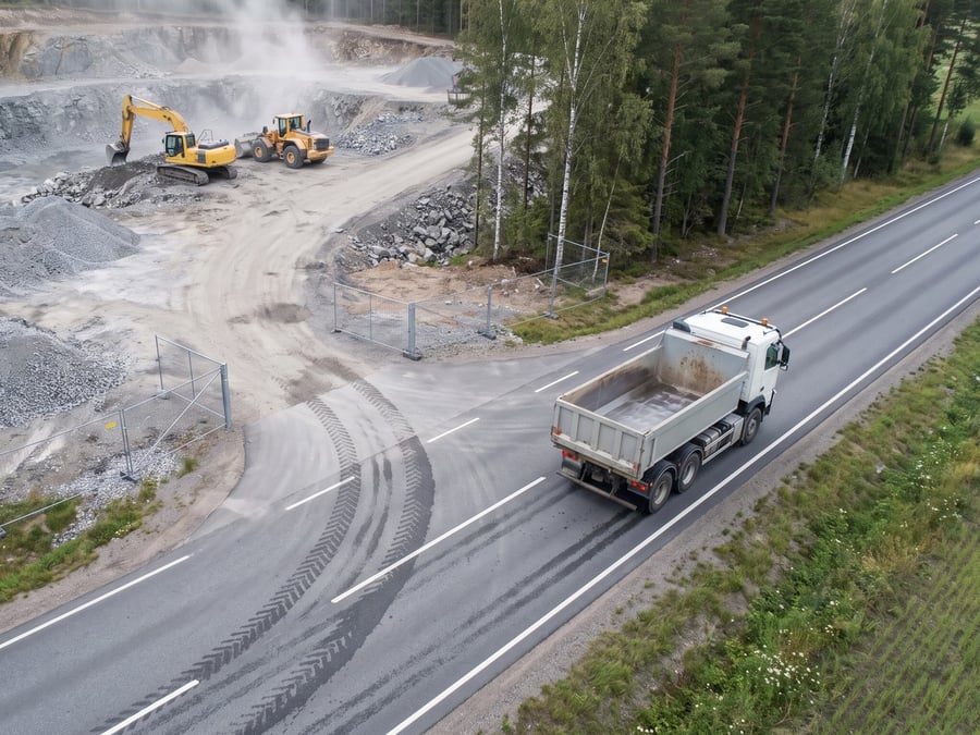 Aerial view of a tipper truck pulling out of a quarry onto a public road, with mud and dust tracked in arcs across the carriageway behind it