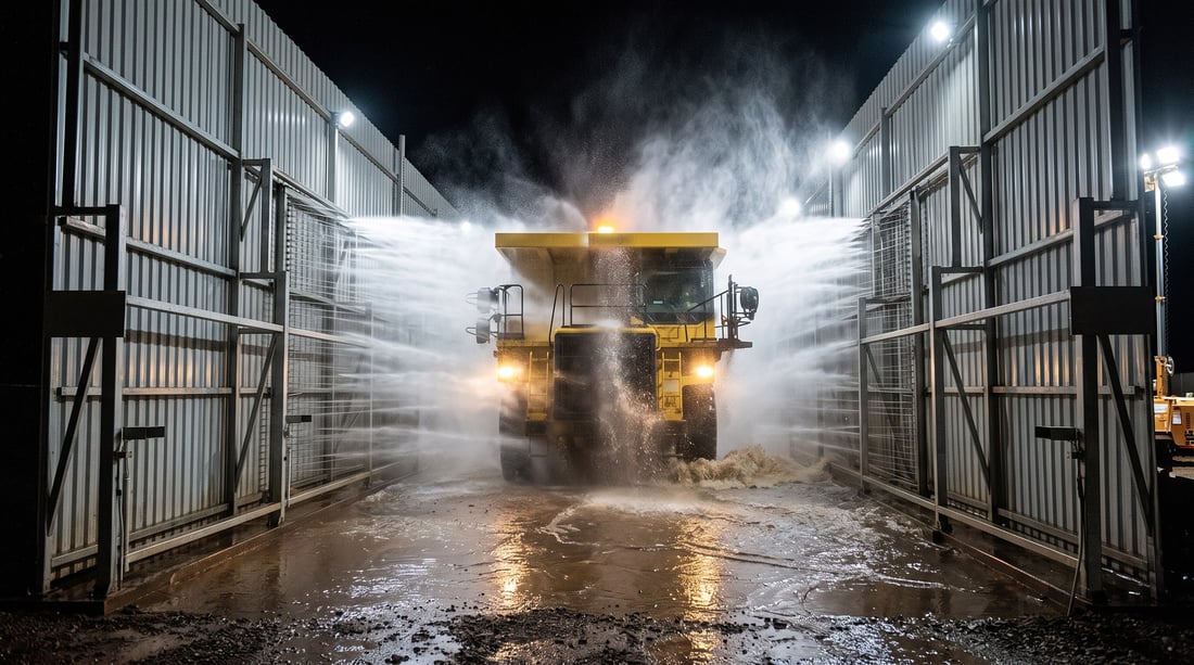 A mining haul truck standing in a floodlit KKE drive-through wash bay at night, high-volume jets firing inward from vertical nozzle banks on both walls