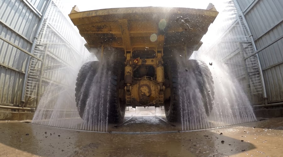 Low wide view up at the rear axle of a haul truck in a KKE mining wash lane, high-volume jets firing inward from the vertical banks on both walls and mud blasting off the tyres