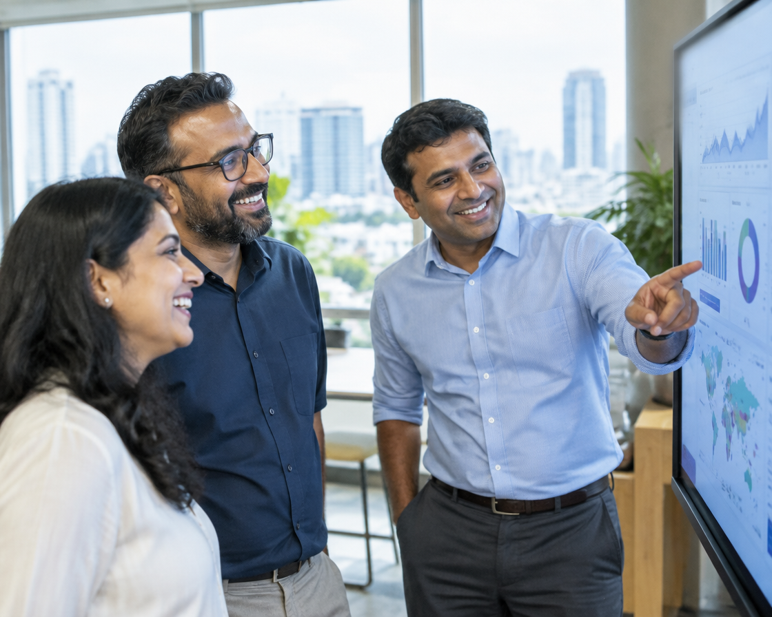 Indian professionals reviewing a dashboard in a Bengaluru office