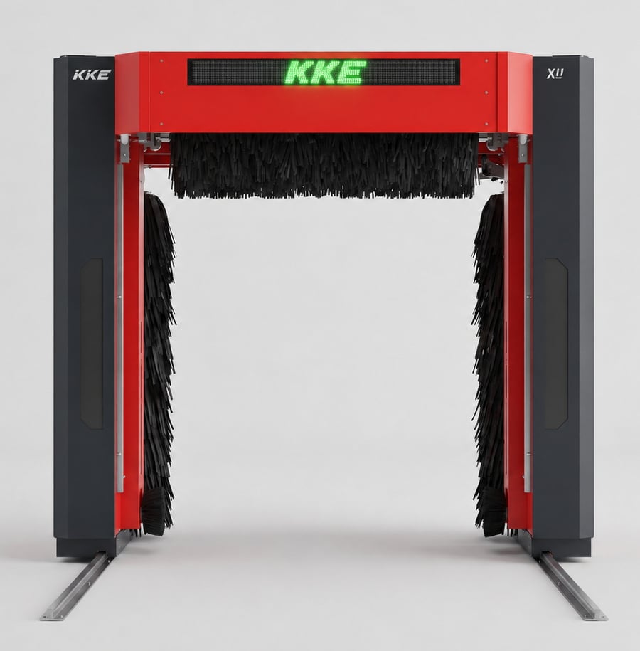 A KKE X1.1 rollover car wash seen straight on from the front with an empty bay: two dark-clad columns with red inner faces, a red cross beam carrying a dot-matrix display lit green with KKE, the horizontal roof brush across the opening and a vertical brush hanging beside each column, on floor rails