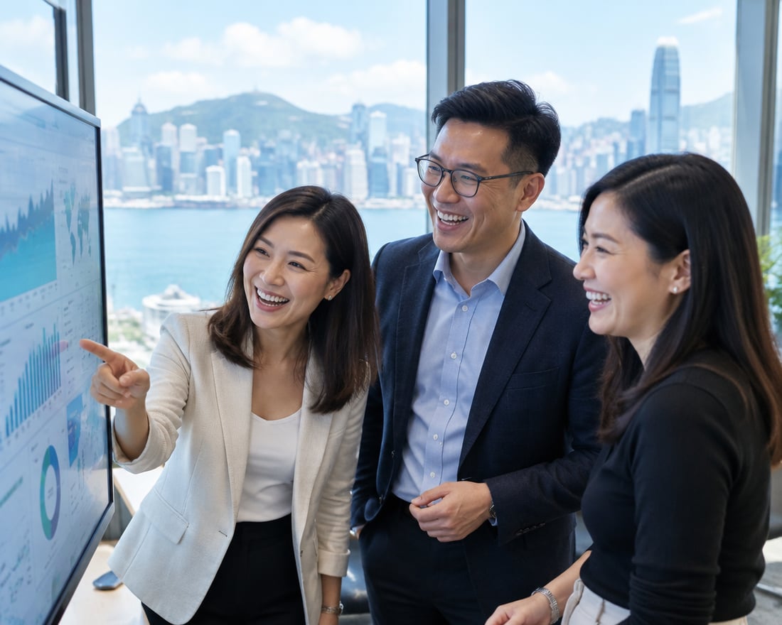Hong Kong professionals reviewing a dashboard with the harbour skyline behind them