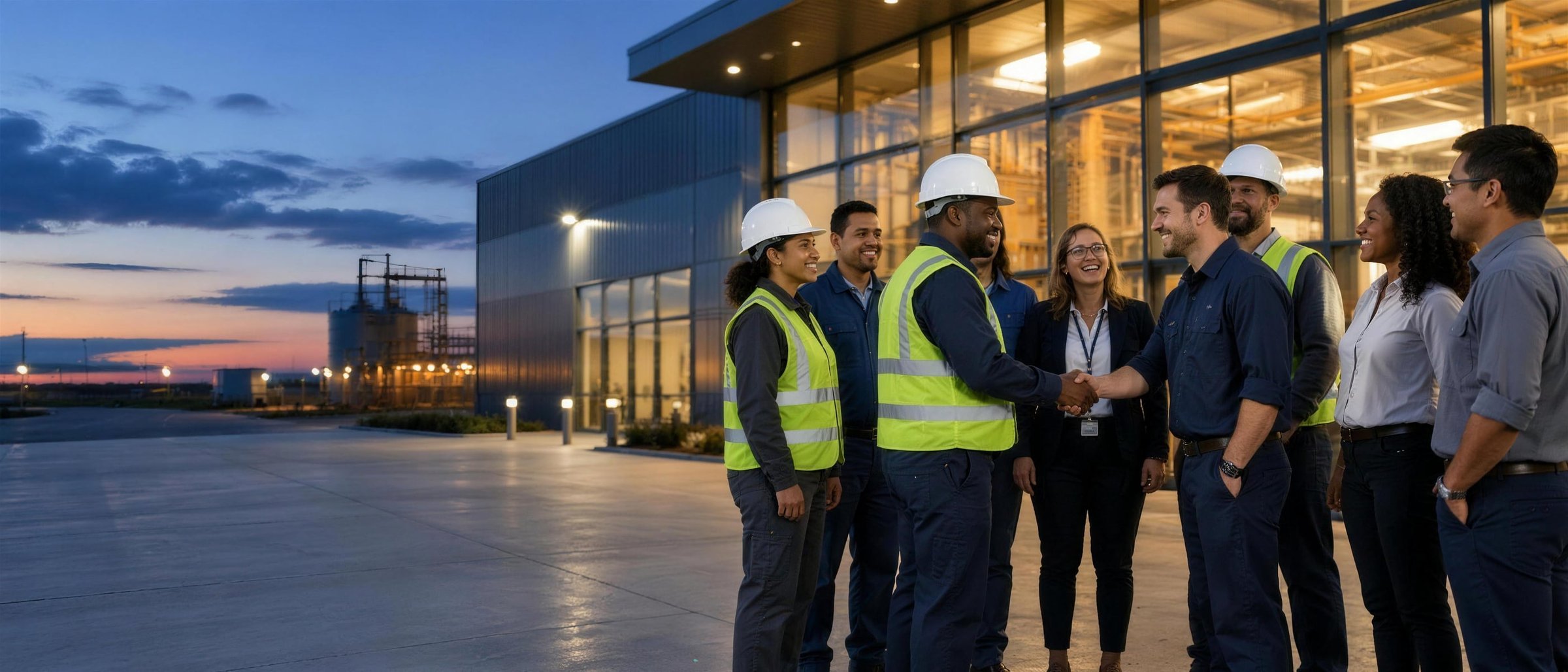 A team of engineers, technicians and office staff laughing together outside a modern industrial facility at dusk, two of them shaking hands