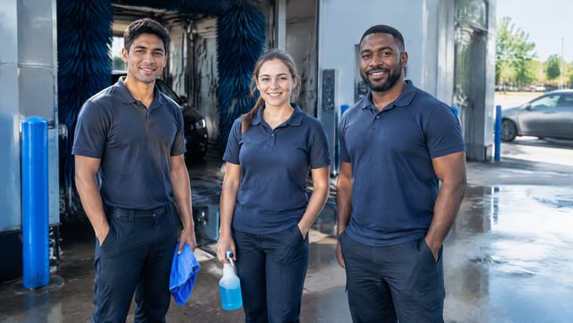 Three car wash staff in plain uniforms beside a bay