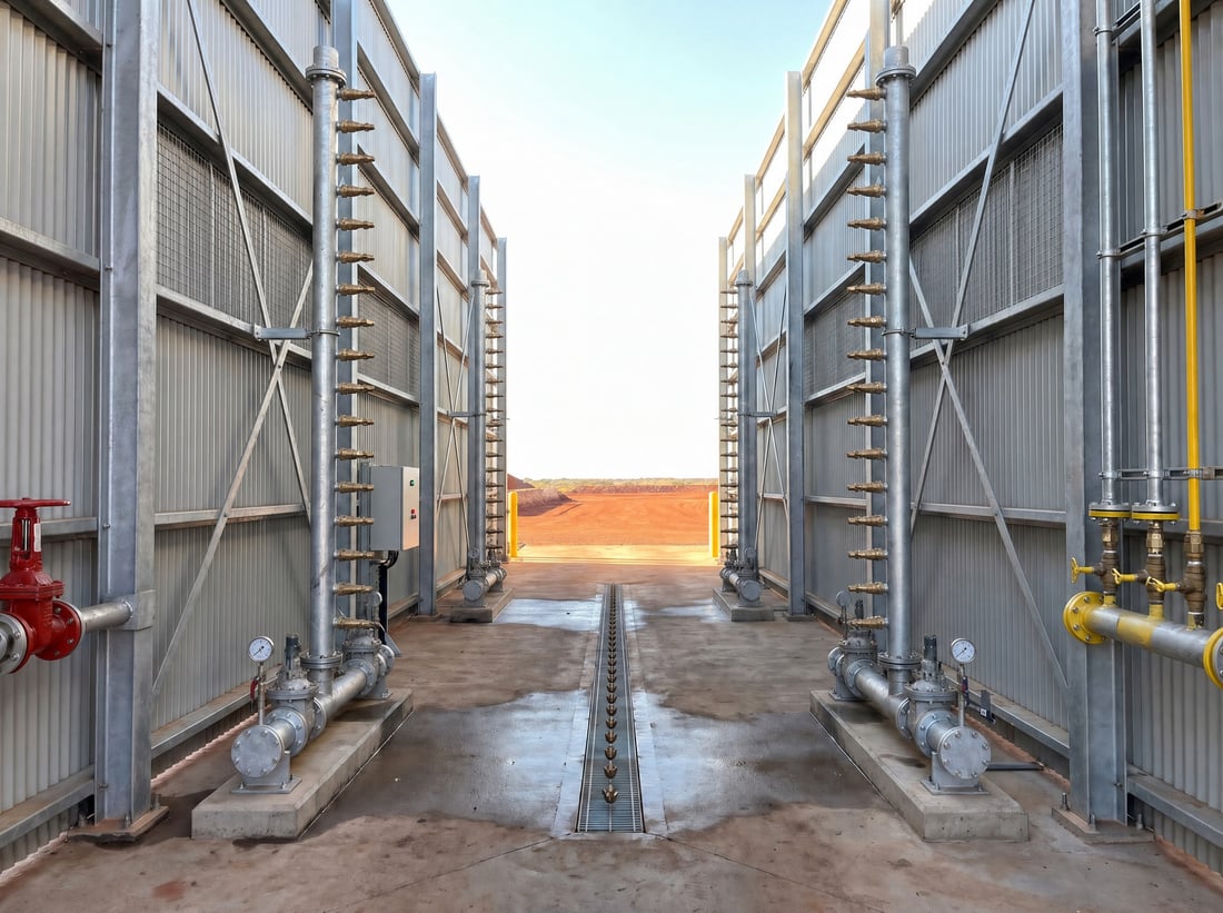 An empty heavy-vehicle wash lane with vertical nozzle banks on both walls and an under-chassis spray channel running down the floor between them
