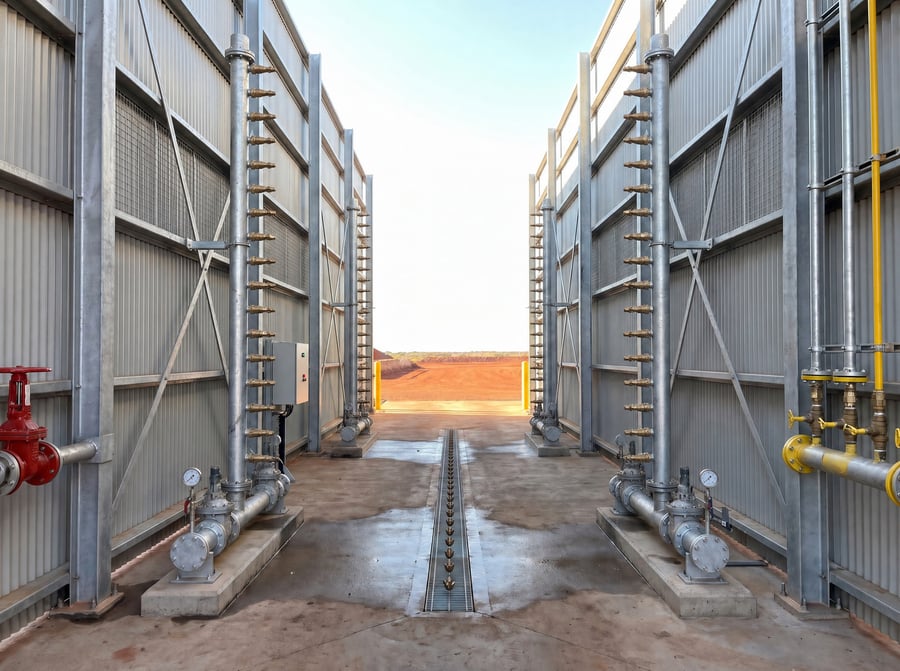 An empty KKE mining wash lane with the sprays off: four full-height vertical nozzle banks, two per side forming two wash stations in series, and the grated under-chassis channel running down the middle of the concrete slab