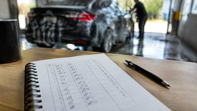 A notebook with a daily car count table beside a car wash