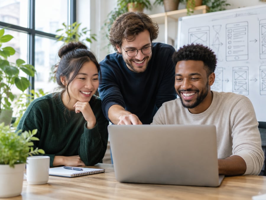 Three colleagues laughing together as they review a laptop screen in a bright, plant-filled software studio