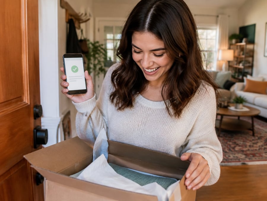 A smiling customer opens a delivery box at her front door, an order confirmation on her phone