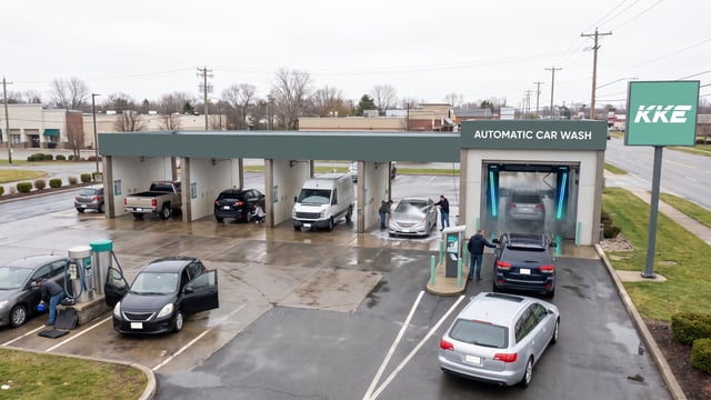 A KKE forecourt of self-serve wash bays and vacuum stations with cars at several of them