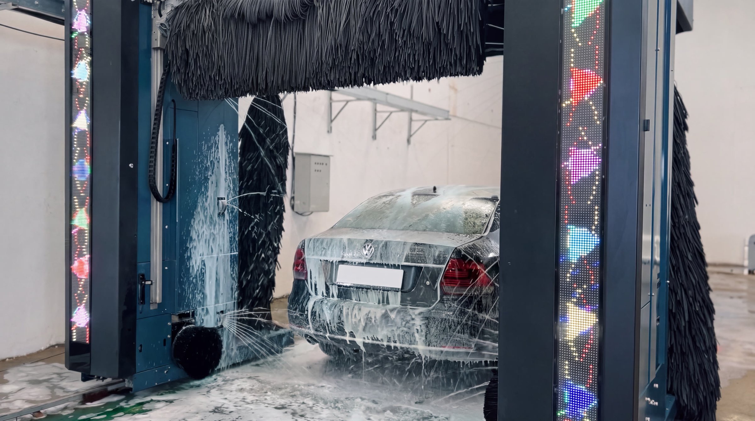 Arcing jets of water crossing the frame in front of a foam-covered dark saloon inside a KKE X2, both full-height LED strips blazing with colour close to camera