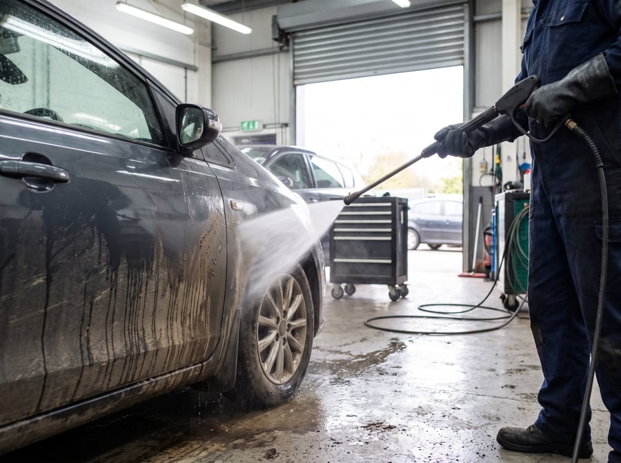 A car being washed by hand with a high-pressure lance in a workshop bay