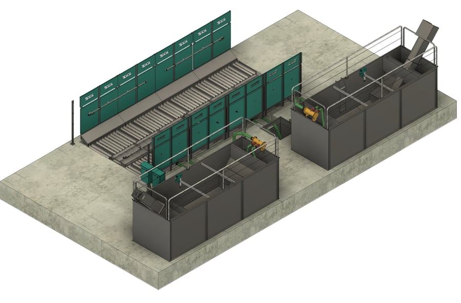 Configuration render of a KKE concrete wheel wash with its settling tanks alongside