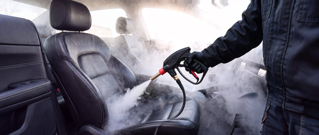 A gloved hand steaming a black leather car seat, a cloud of dry steam lifting off the bolster