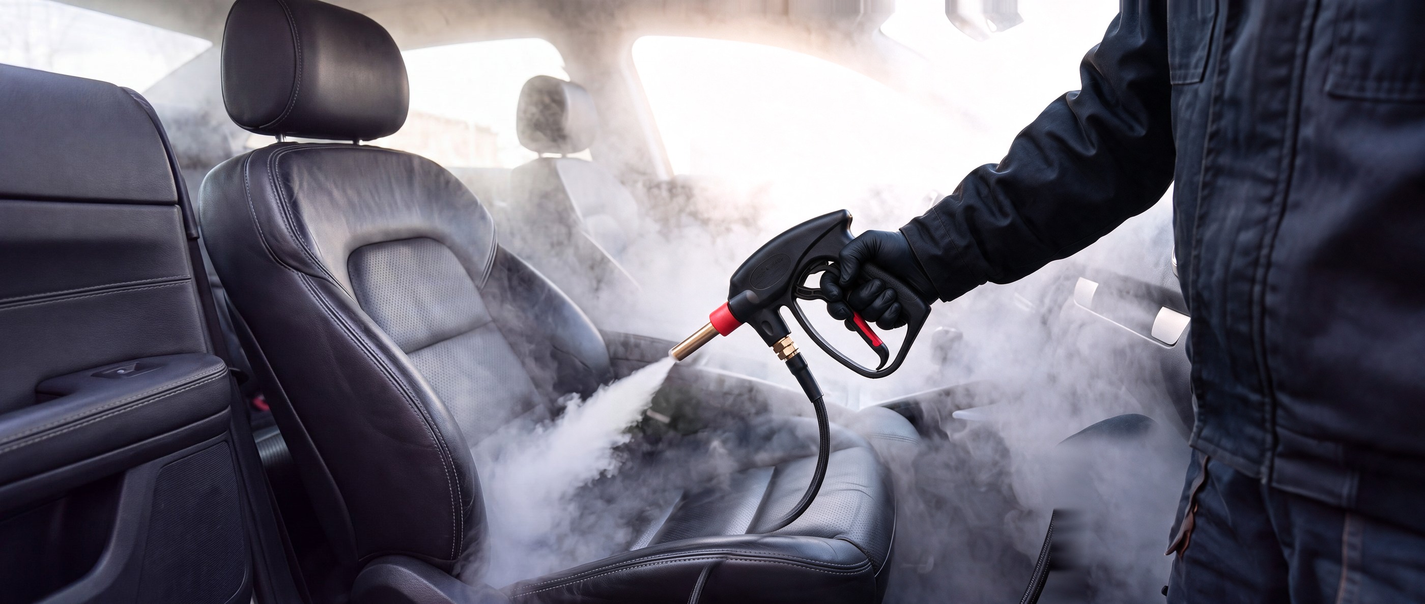 A gloved hand steaming a black leather car seat, a cloud of dry steam lifting off the bolster
