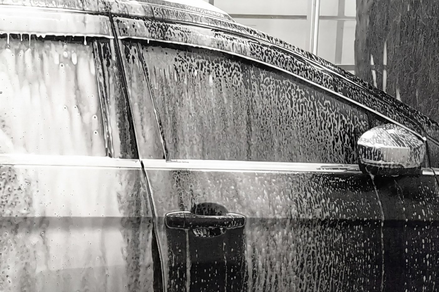 Close on the flank of a dark car inside a wash tunnel, white foam sheeting down the window glass, the door and the sill and covering the door mirror