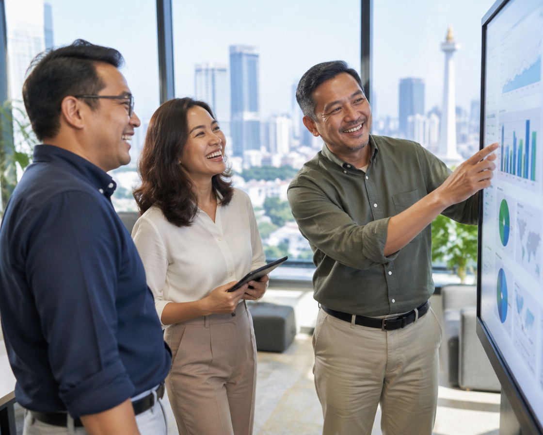 Indonesian professionals reviewing a dashboard in a Jakarta office