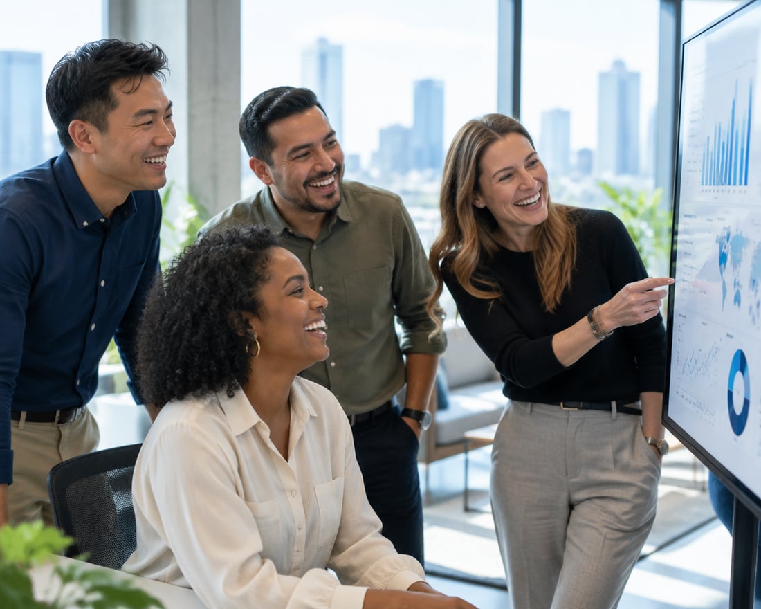 Mixed-ethnicity US team reviewing a dashboard in an office