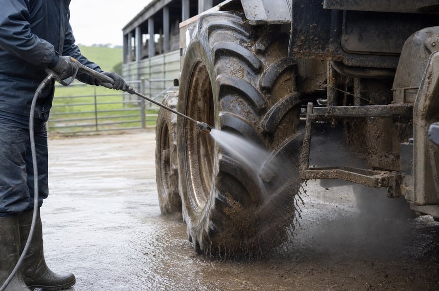 A farm worker washing thick caked mud off the wheels and underside of a large tractor with a high pressure lance in a farmyard