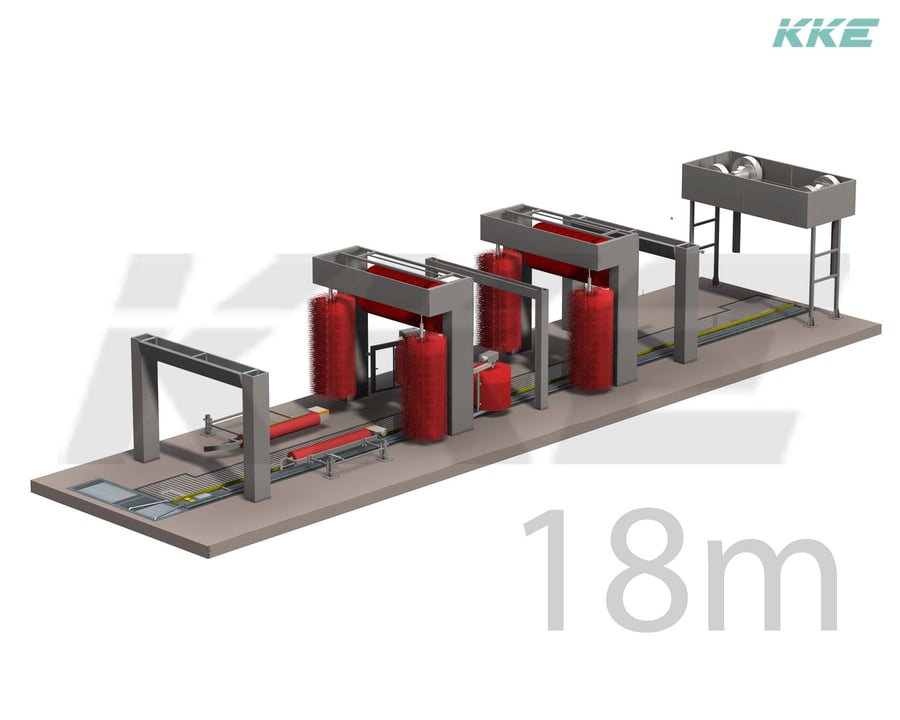 Isometric render of a KKE Gamma 18 m conveyor car wash tunnel, with its top brush gantries, wrap-around brush stations and the exit blower over the conveyor lane