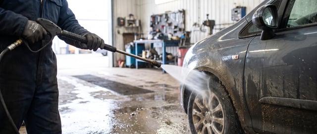 A car being pre-washed by hand with a high-pressure lance in a workshop bay