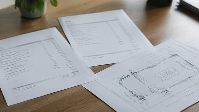 Two printed quotes and a bay layout drawing on a desk
