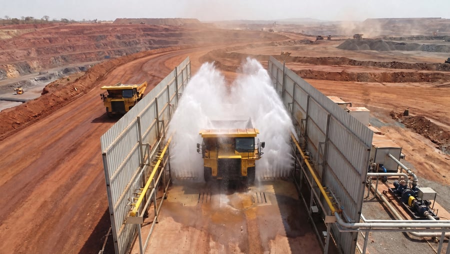 Aerial view of a KKE mining truck wash lane beside the haul road of an open-pit mine, a haul truck washing inside it, a second truck waiting, and the pump and treatment skids alongside