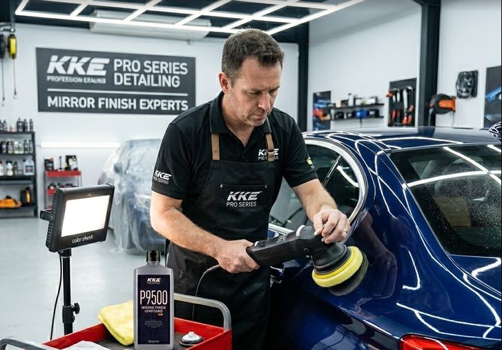 A detailer machine-polishing a blue car with KKE P-Series compound