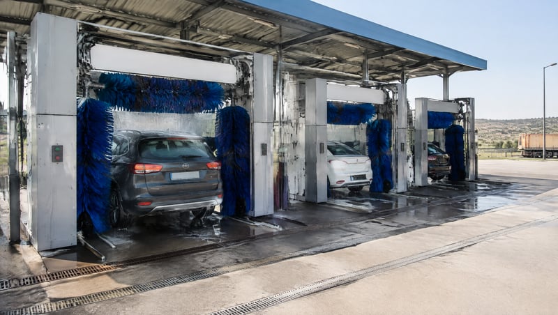 A row of automatic car wash bays at a highway service station in India
