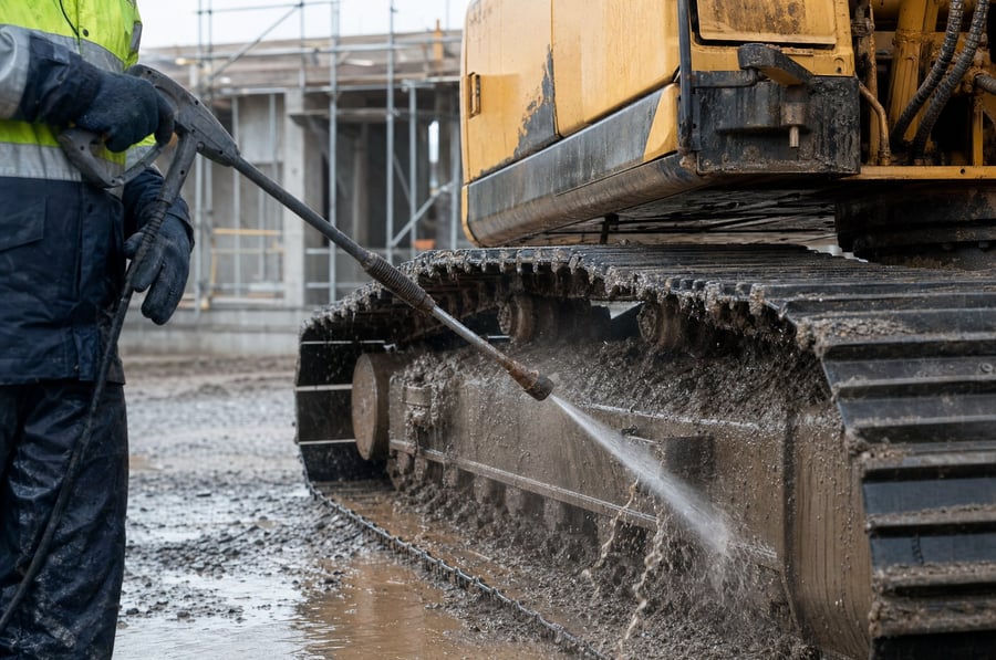 A site worker washing dried concrete and clay off the tracks of an excavator with a high pressure lance on a construction site