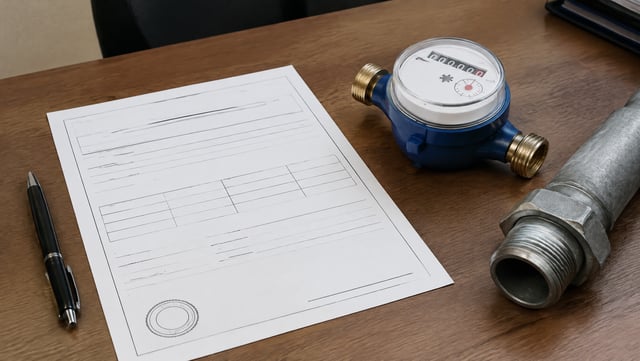 A permit document and a water meter beside a pipe
