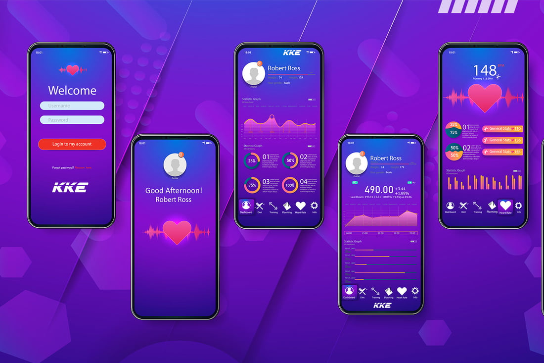 Purple mobile app screens designed by KKE Soteco