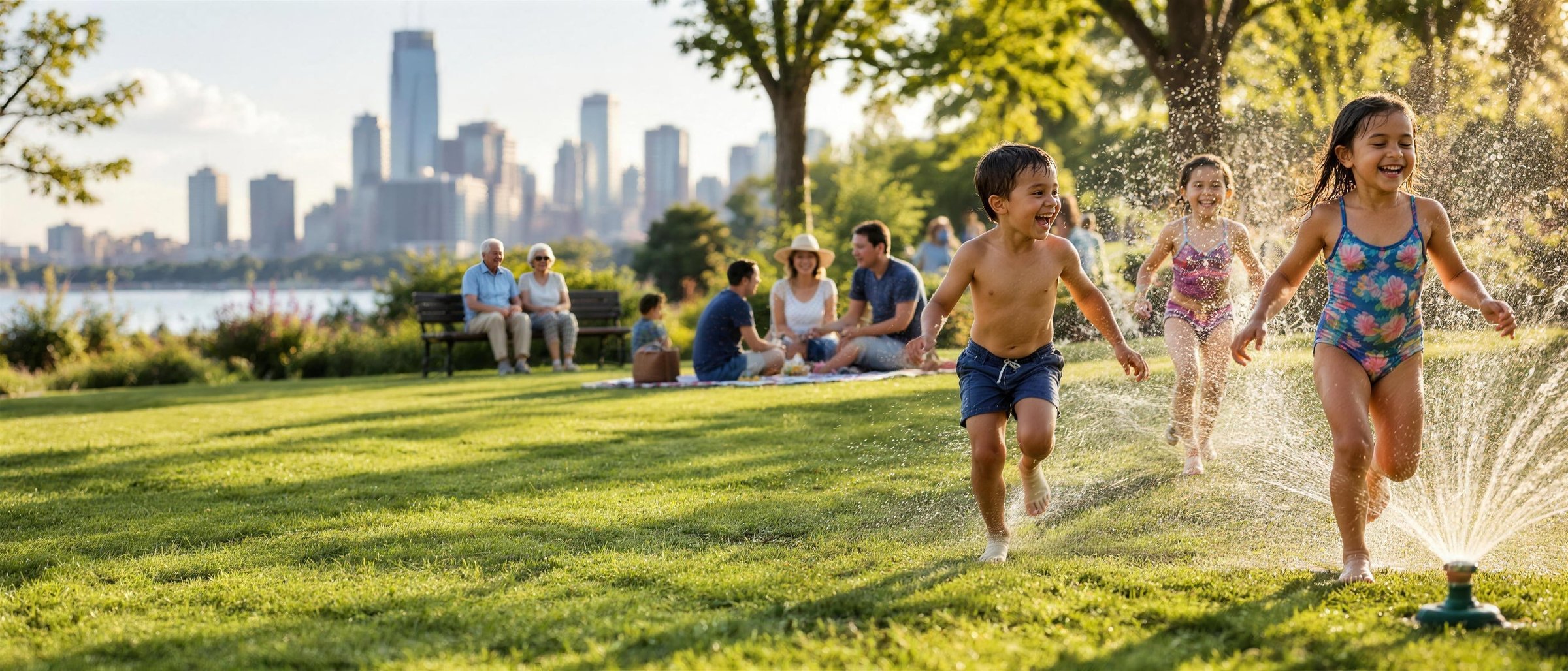 Children run laughing through a water sprinkler in a city park while families picnic and an elderly couple watch from a bench