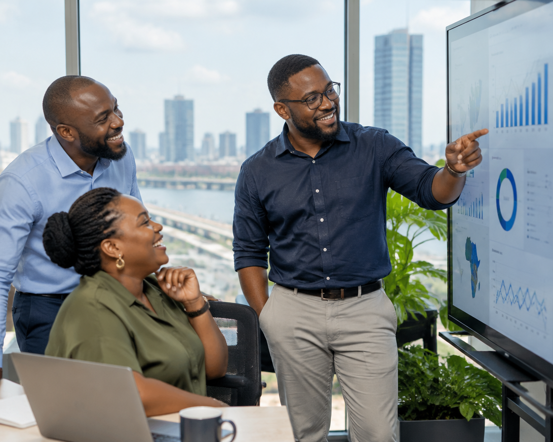 Nigerian professionals reviewing a dashboard in a Lagos office
