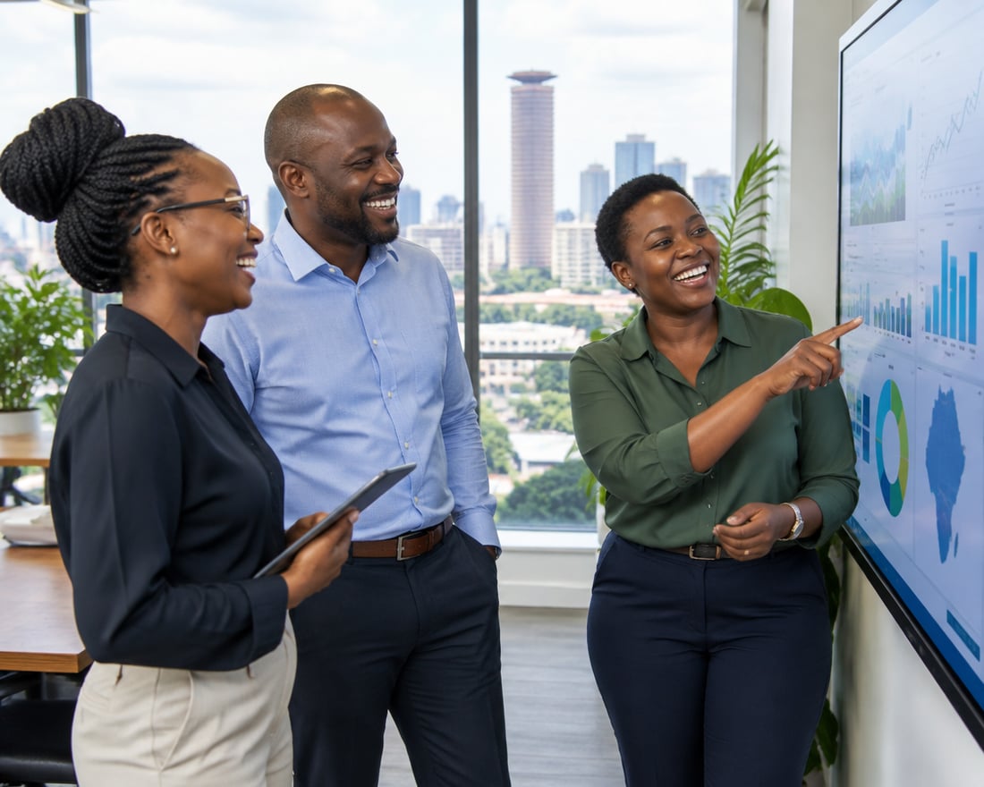 Kenyan professionals reviewing a dashboard in a Nairobi office