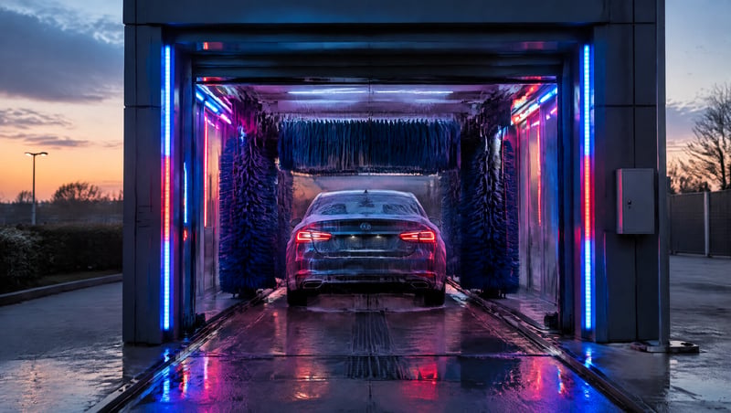 An automatic car wash bay with coloured LED strips at dusk
