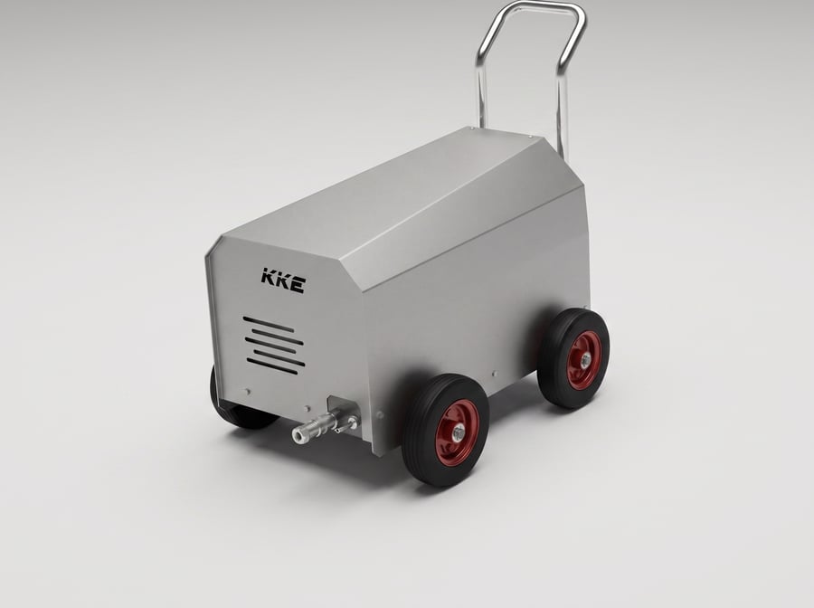 A KKE high pressure cleaner on a pale studio floor, a low matte silver trolley machine with a chrome push handle, cooling louvres and pneumatic wheels with red steel rims