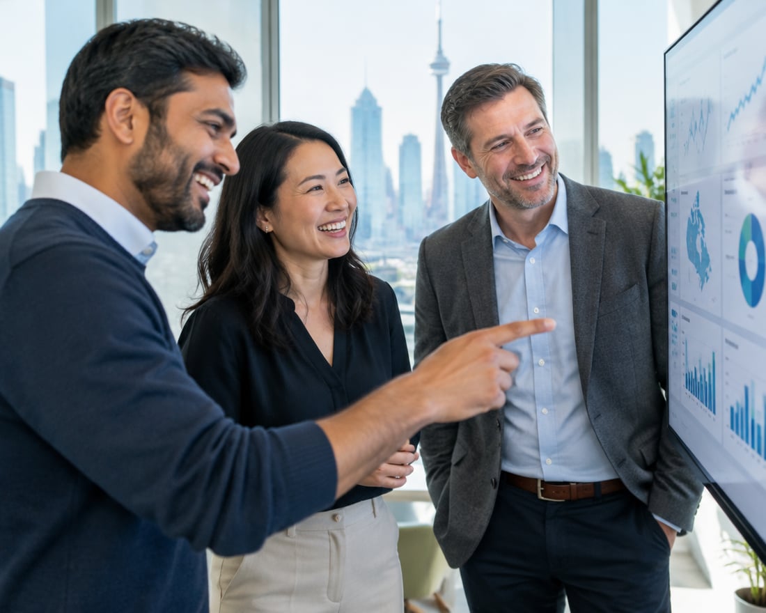 Canadian professionals reviewing a dashboard in a Toronto office